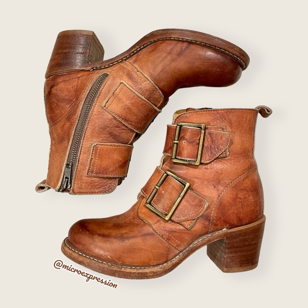 Frye Sabrina Double Buckle Academia Cognac Real Leather Block Heel Ankle Booties - Picture 7 of 14